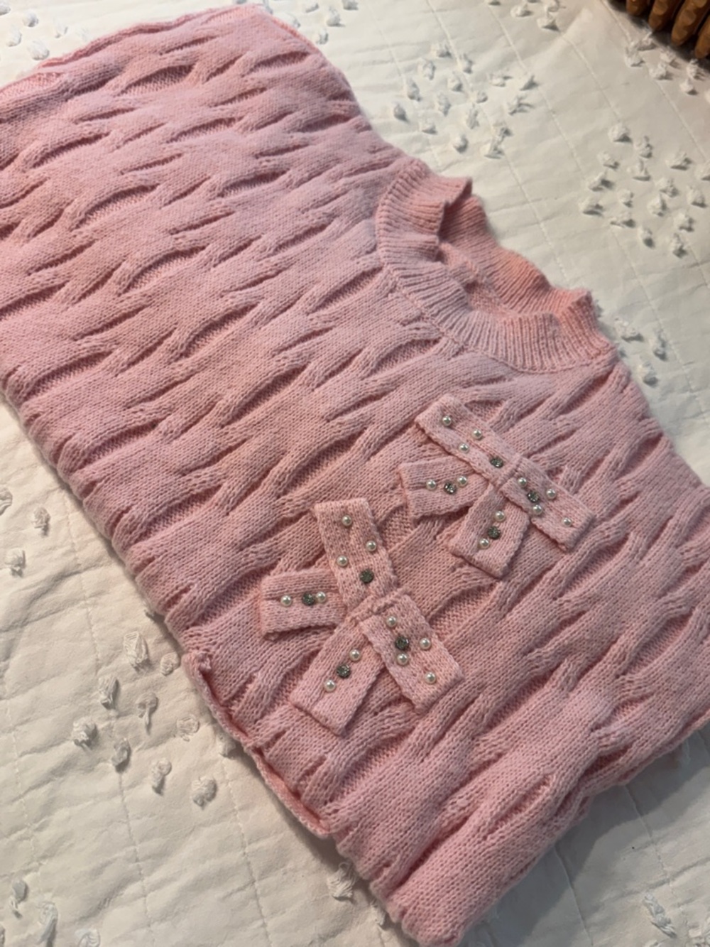 Soft Pink Women's Cable Knit Sweater with Embellished Bows